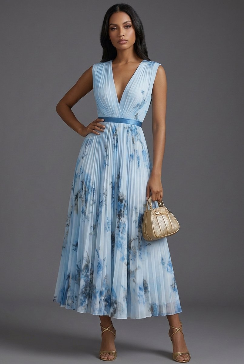 Amelie | Robe Midi Mère de la Mariée Robe Fleurie avec Décolleté en V Profond et Jupe Plissée