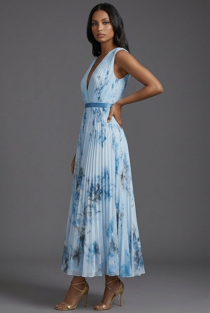 Amelie | Robe Midi Mère de la Mariée Robe Fleurie avec Décolleté en V Profond et Jupe Plissée