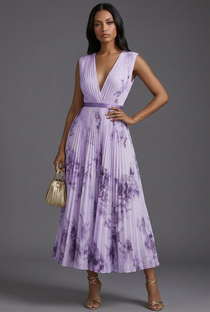 Amelie | Robe Midi Mère de la Mariée Robe Fleurie avec Décolleté en V Profond et Jupe Plissée