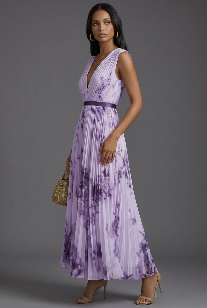 Amelie | Robe Midi Mère de la Mariée Robe Fleurie avec Décolleté en V Profond et Jupe Plissée