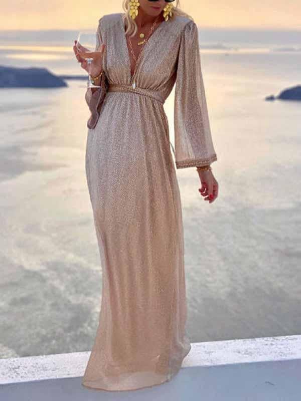 Brigitte | Robe maxi à manches longues et décolleté en V pour femmes