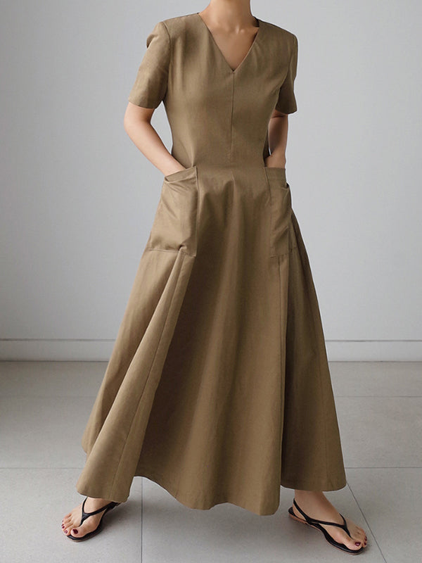 Robe mi-longue simple décontractée plissée couleur unie