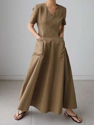 Robe mi-longue simple décontractée plissée couleur unie