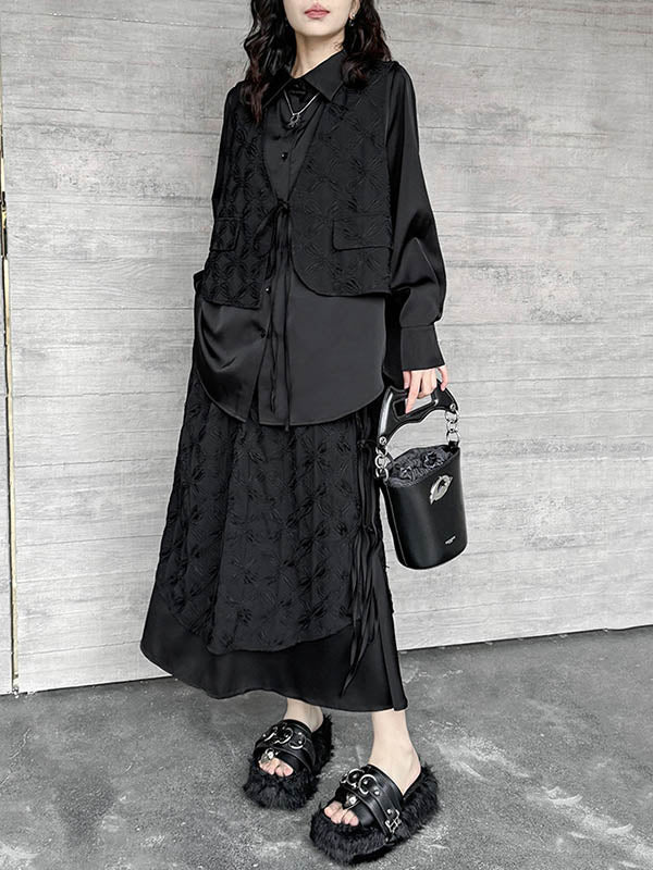 Ensemble deux pièces asymétrique boutonné à empiècements, à cordon de serrage, à imprimé floral, effet deux pièces, à col revers, à poches, à taille élastique, à double rang, couleur unie – chemisier + jupe