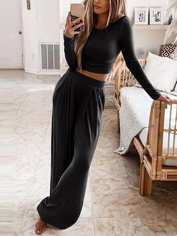 Ensemble deux pièces grande taille, à col rond, à manches longues, couleur unie – chemise + haut + pantalon
