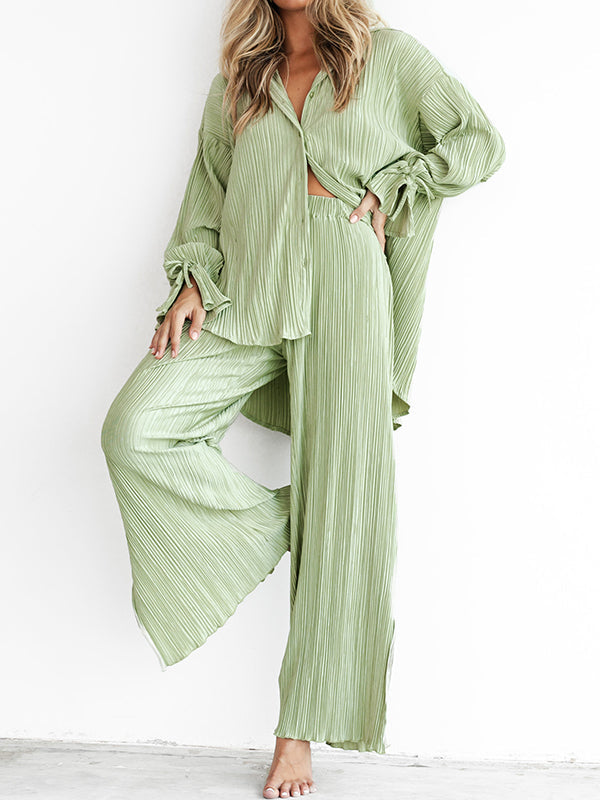 Ensemble pyjama à manches longues, manches évasées, boutonné, cordon de serrage plissé, couleur unie, chemises à revers fendues sur le côté, haut + pantalon, bas