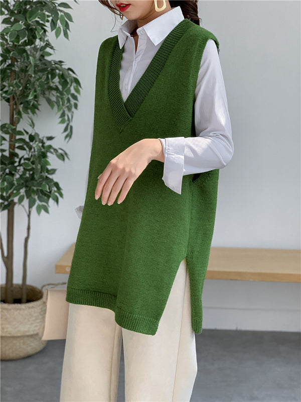 Gilet tricoté sans manches à la mode, fendu sur le côté, couleur unie, col en V