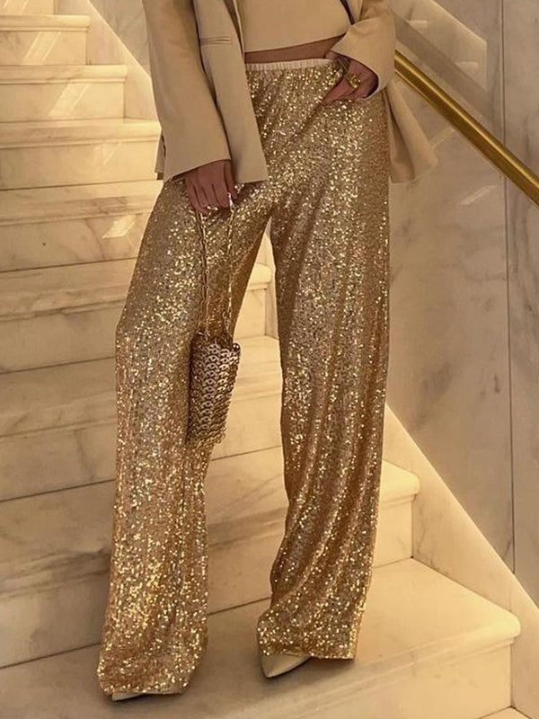 Pantalon ample brillant à jambes droites, à taille élastique, à sequins, à empiècements