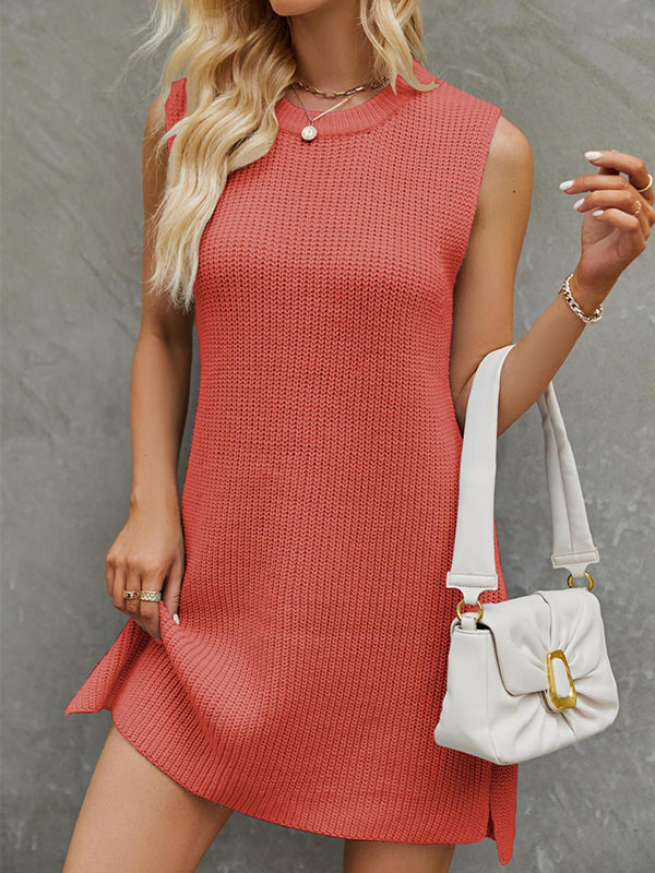 Robe pull ample fendue sur le côté coupe trapèze, à taille nouée, à col rond, couleur unie