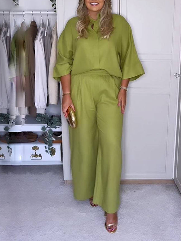 Ensemble deux pièces ample fendu sur le côté plissé à empiècements, à col revers, à taille élastique, couleur unie – chemisier + pantalon