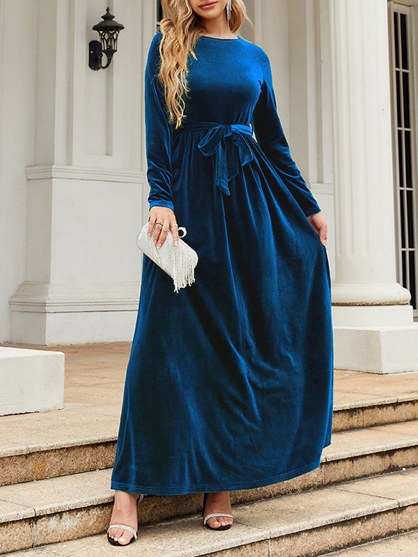 Robe longue plissée à manches longues, coupe portefeuille, avec ceinture, à fermeture éclair, à col rond, couleur unie