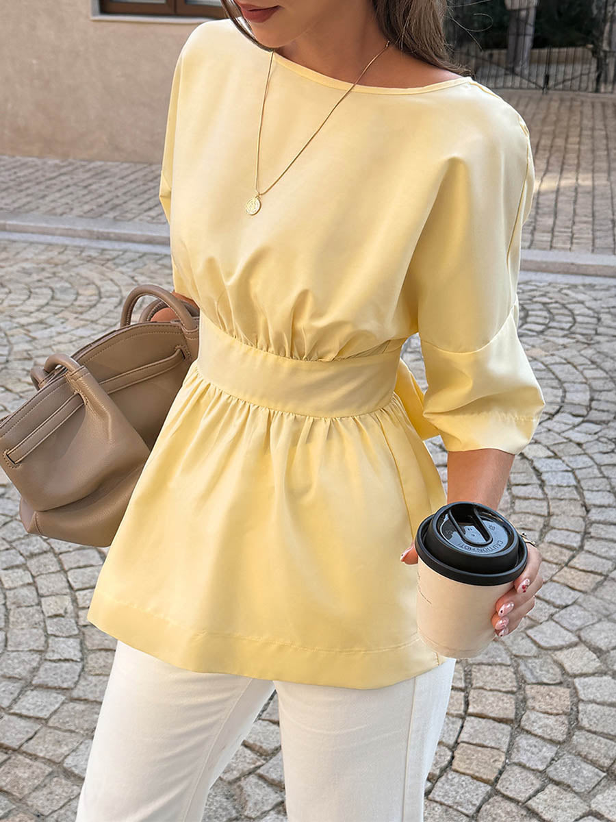Chemisier plissé à taille élastique, à manches mi-longues, à col rond, couleur unie