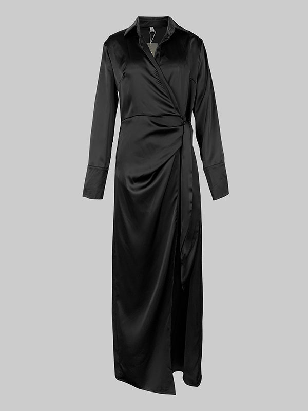 Robes chemise amples à manches longues, couleur unie, col à revers