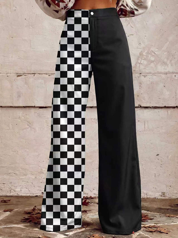 Pantalon imprimé boutonné à poches, à jambes larges, grande taille