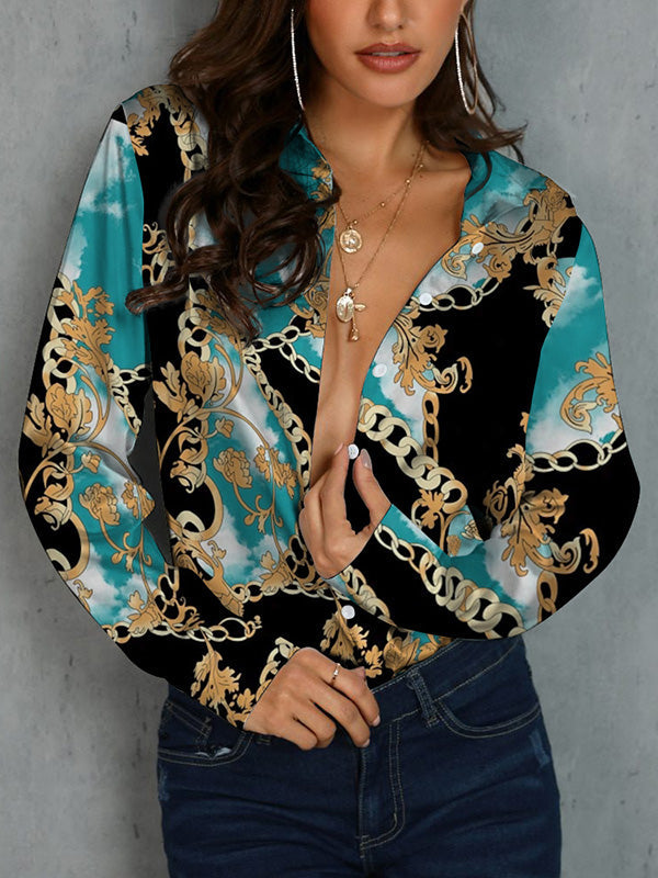Chemisier ample boutonné imprimé à manches longues, à col revers