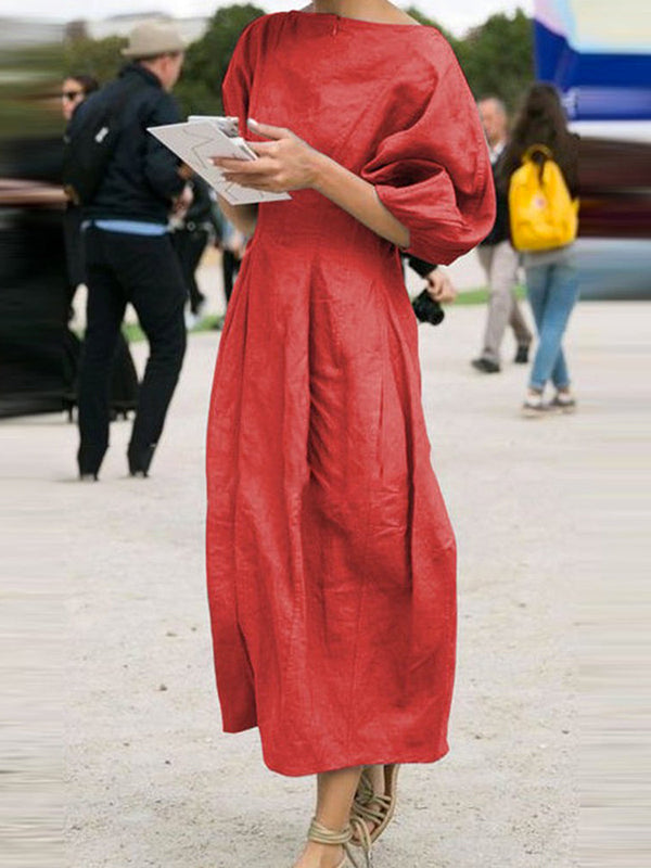 Robe longue ample à manches mi-longues, à col rond, couleur unie