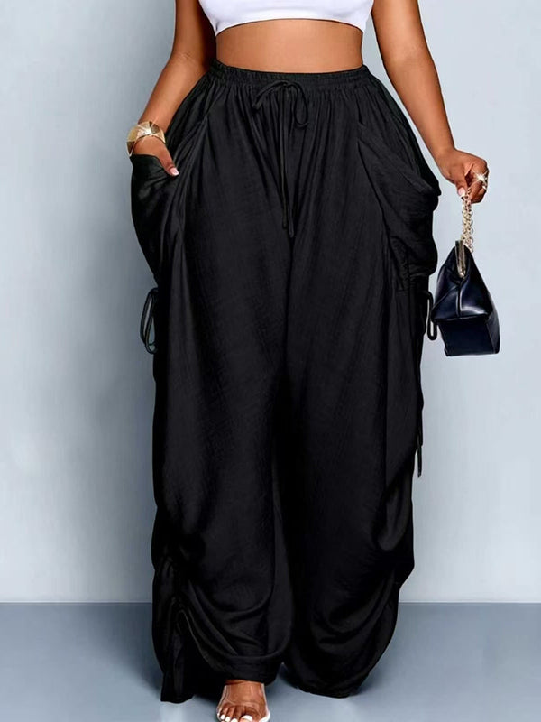 Pantalon à empiècements, à poches, à taille élastique, à cordon de serrage, à jambes larges, grande taille