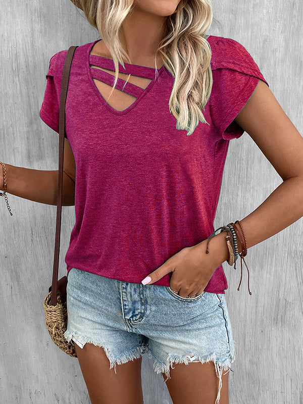 T-shirt ample à manches courtes, à col en V, couleur unie