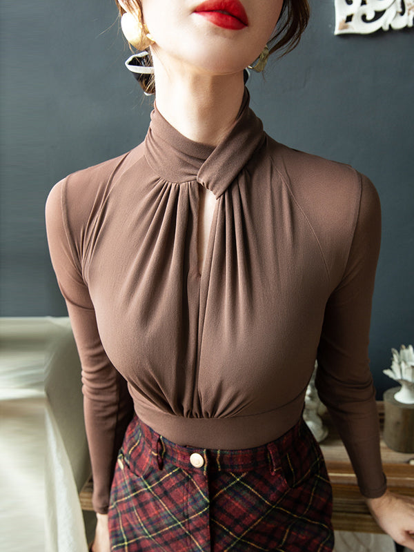 Blouses à manches longues grandes tailles en maille ajourée plissée transparente, couleur unie, col roulé torsadé