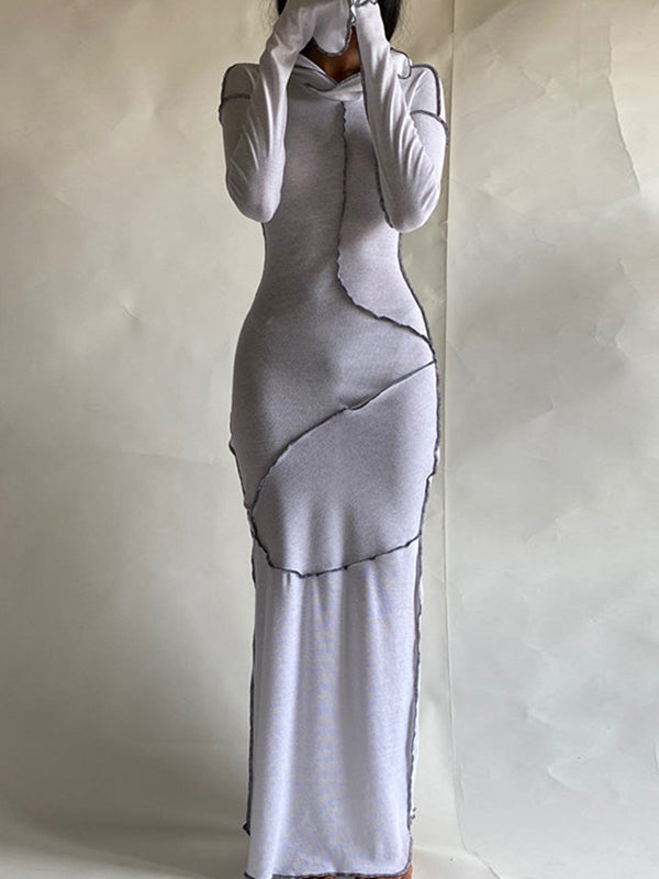 Robe longue à manches longues, grande taille, à empiècements, à capuche, couleur unie