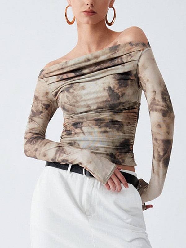 T-shirt plissé à manches longues, coupe près du corps, à empiècements, tie-dye, à épaules dénudées