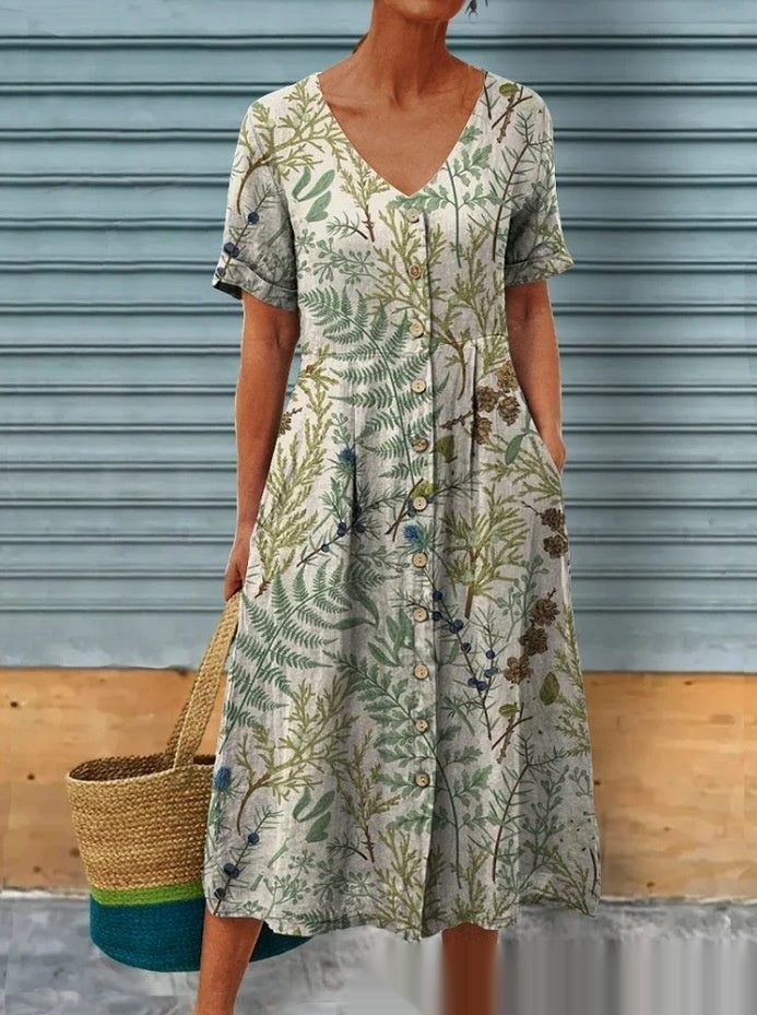 Luna - Robe midi à imprimé floral et fermeture à boutons devant