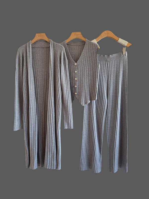 Ensemble trois pièces en tricot sans manches à col en v + cardigan à manches longues + pantalon taille haute