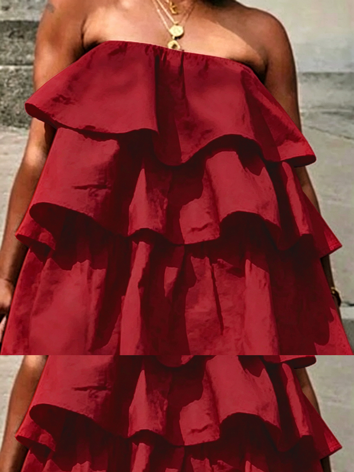 Débardeur ample superposé volanté coupe trapèze, à taille élastique, bustier, couleur unie