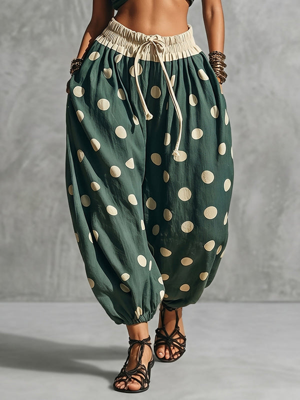 Pantalon resserré aux chevilles taille haute, à jambes larges, à cordon de serrage, à taille élastique, à poches, à pois, couleur contrastée