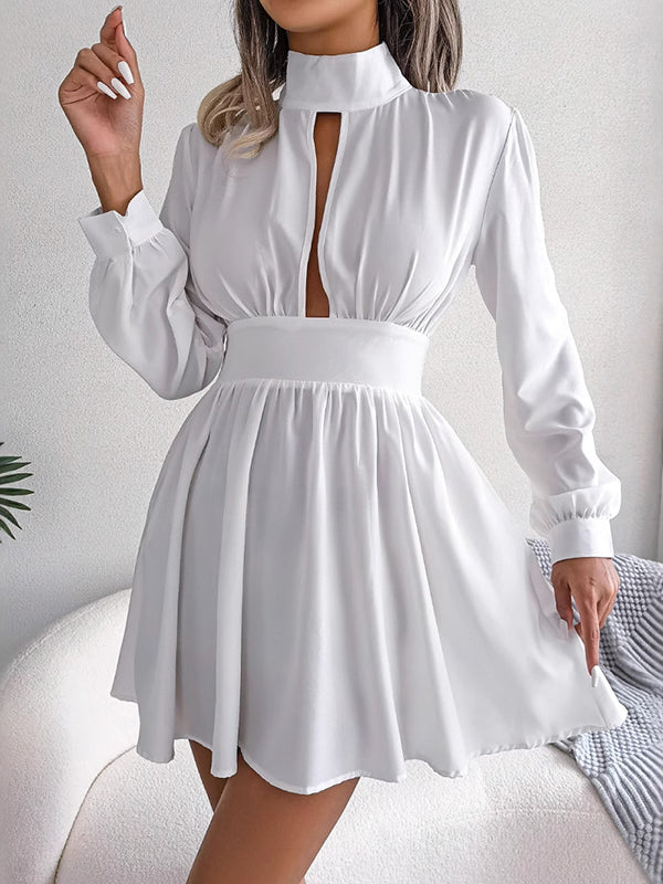 Robes courtes trapèze taille élastique creuse, couleur unie, fermeture éclair, demi-col roulé