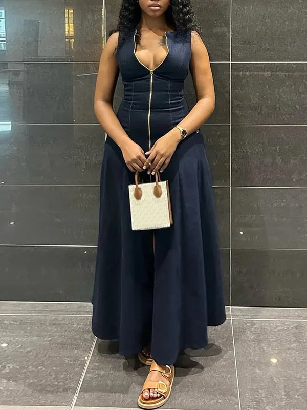 Robe longue ample fendue devant taille haute, à fermeture éclair, à col en V, couleur unie