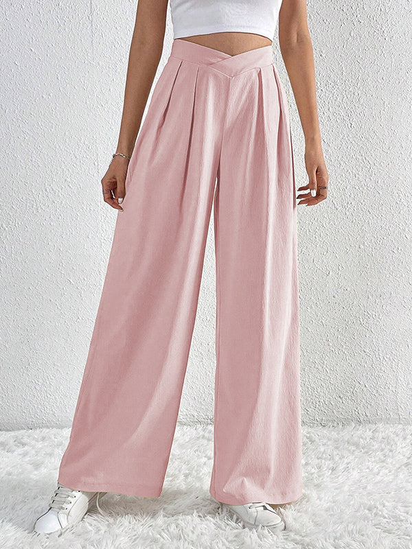 Pantalon ample plissé à jambes larges, couleur unie