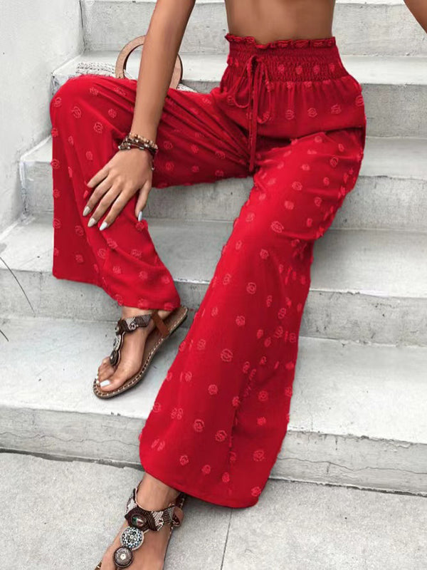 Pantalon ample taille haute, à cordon de serrage, à taille élastique, en jacquard, couleur unie