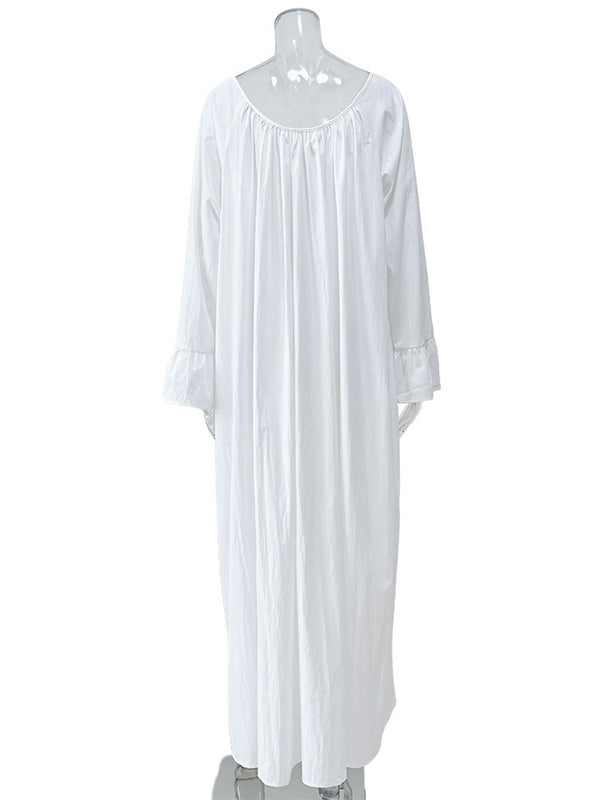 Robe longue ample plissée à manches évasées, à empiècements, à col rond, couleur unie