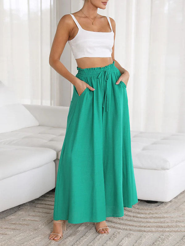 Pantalon ample taille haute, à cordon de serrage, à taille élastique, à poches, couleur unie