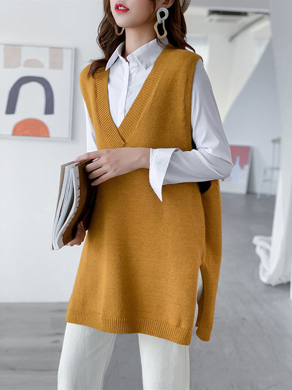 Gilet tricoté sans manches à la mode, fendu sur le côté, couleur unie, col en V