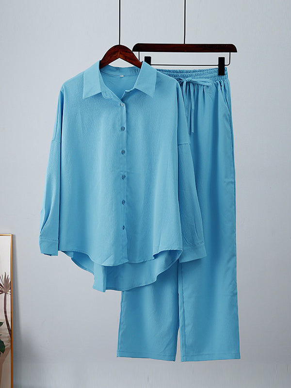 Ensemble deux pièces à ourlet plongeant, à manches longues, à col revers, à cordon de serrage, couleur unie – chemisier + pantalon