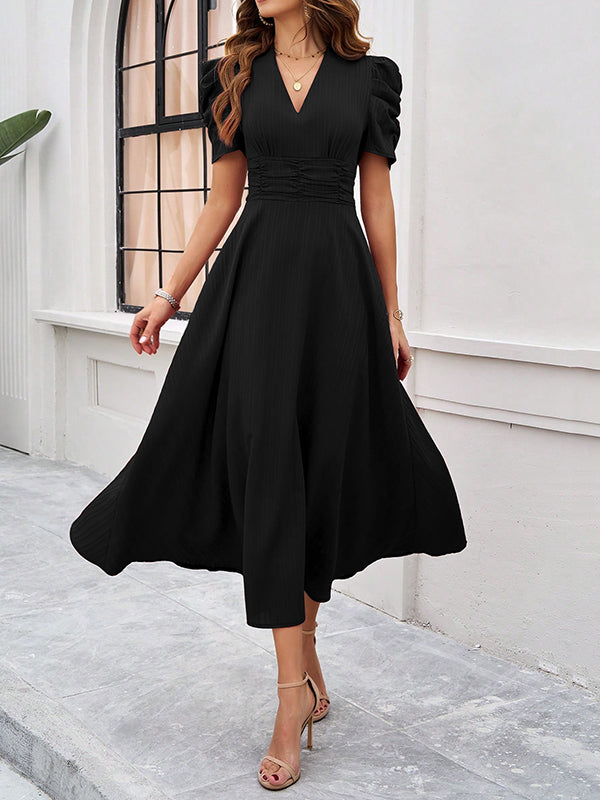 Robe longue plissée coupe trapèze, taille haute, à fermeture éclair, à col en V, couleur unie