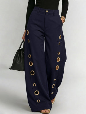 Pantalon boutonné ajouré taille haute, à jambes larges, à poches, à empiècements, couleur unie