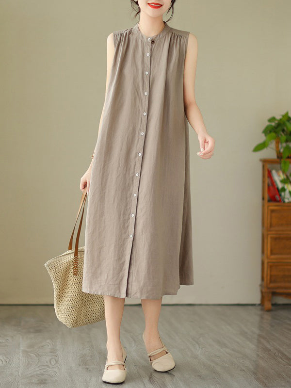 Robe mi-longue boutonnée plissée coupe trapèze, sans manches, à col rond, couleur unie