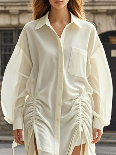 Robe chemise ample boutonnée plissée à manches longues, à cordon de serrage, à poches, à col revers, couleur unie