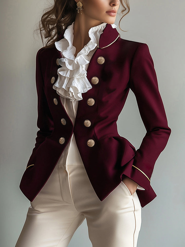 Blazer boutonné à manches longues, coupe près du corps, à empiècements, à col montant, couleur unie