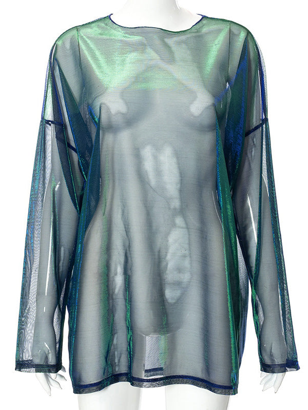 T-shirt ample transparent à manches longues, en gaze, à col rond
