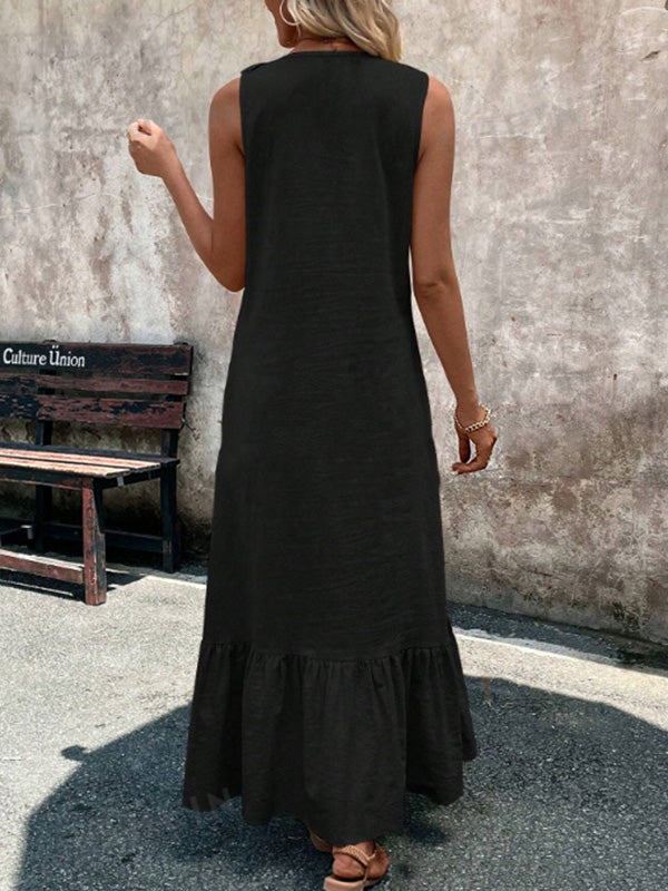 Robe longue ample plissée coupe trapèze, à bordure volantée, à col en V, couleur unie