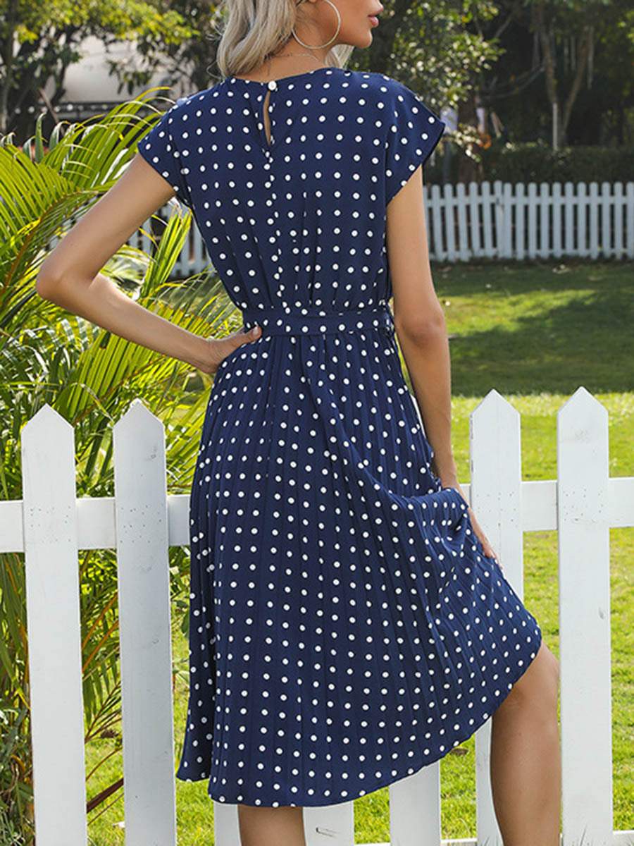 Robe mi-longue boutonnée plissée coupe trapèze, à mancherons, à pois, à empiècements, à taille nouée, à col rond, couleur contrastée