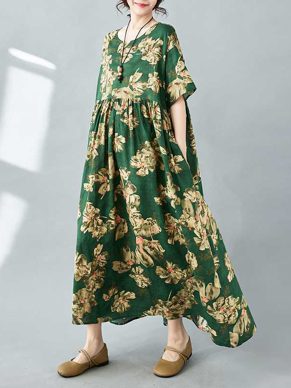 Robe mi-longue ample plissée à manches mi-longues, à imprimé floral, à poches, à col rond