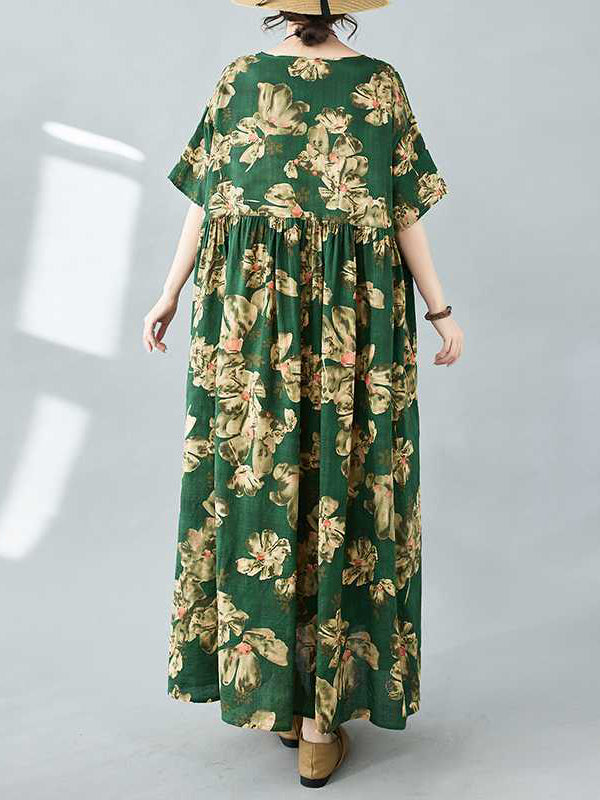 Robe mi-longue ample plissée à manches mi-longues, à imprimé floral, à poches, à col rond