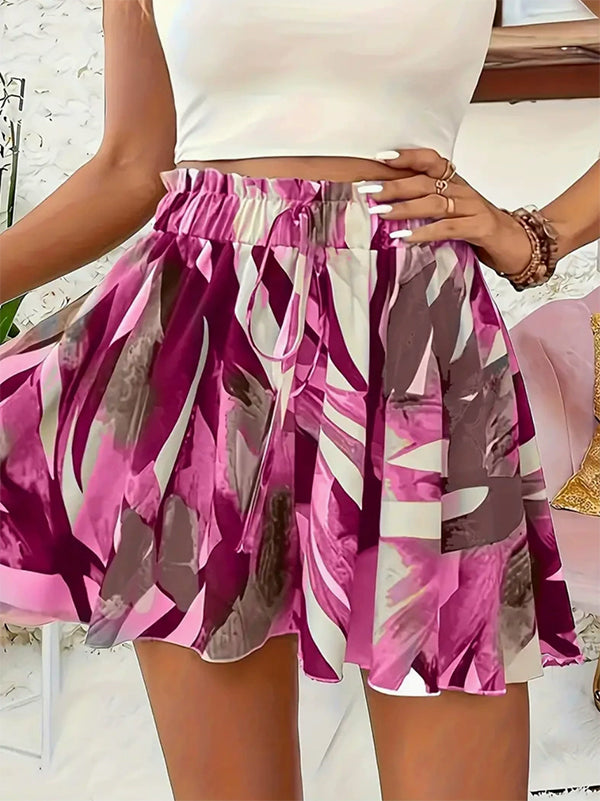 Short ample imprimé taille haute, à cordon de serrage, à taille élastique, à empiècements