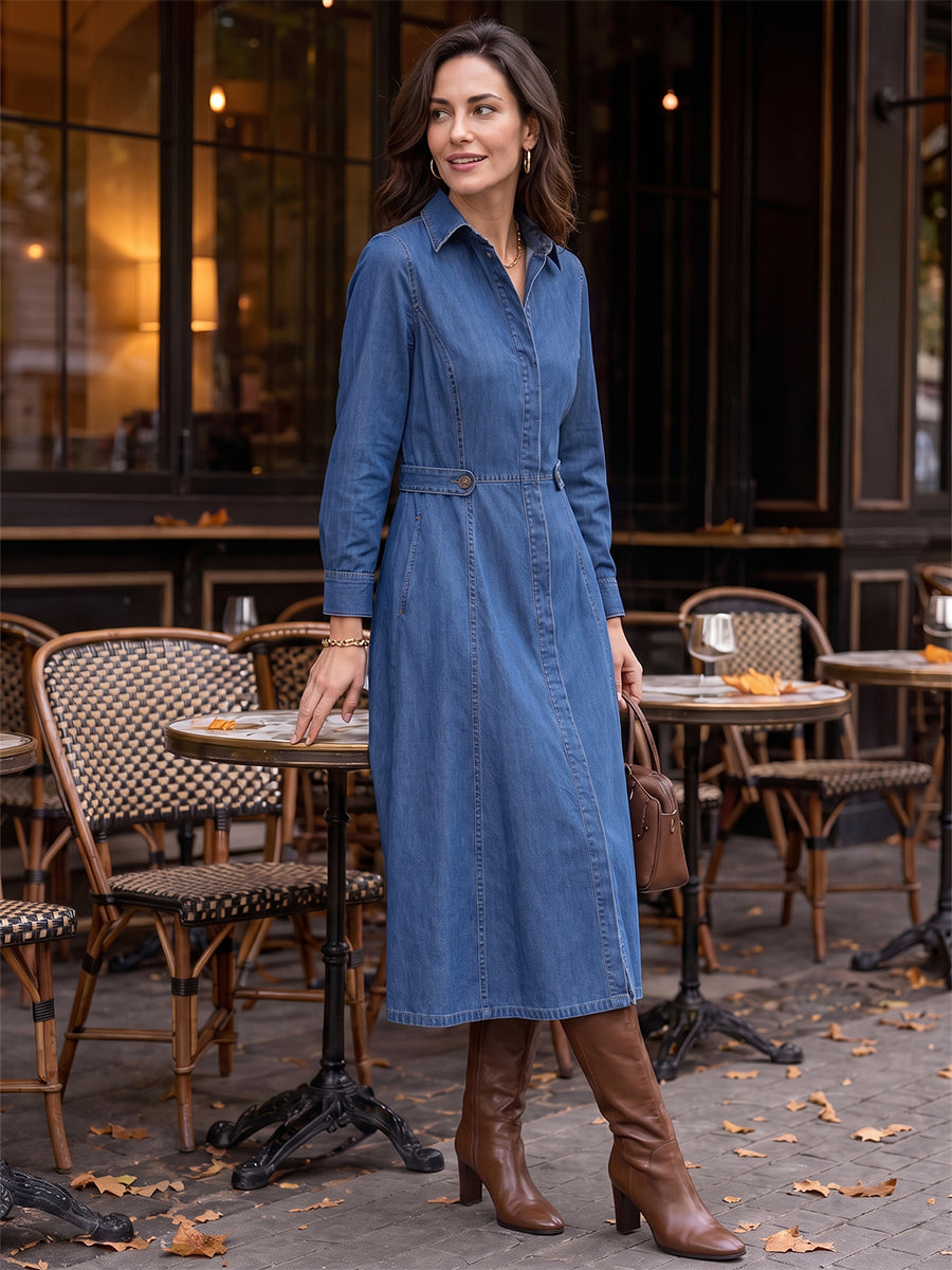 Robe mi-longue boutonnée à empiècements, à poches, à manches longues, taille haute, à col revers, couleur unie