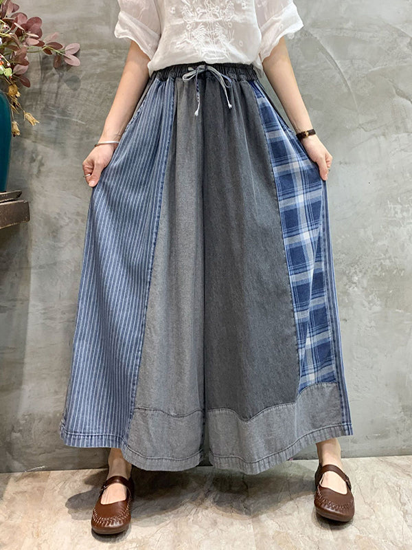 Bas de pantalon en Jean à carreaux, ample, élastique, avec cordon de serrage, à empiècements, neuvième pantalon